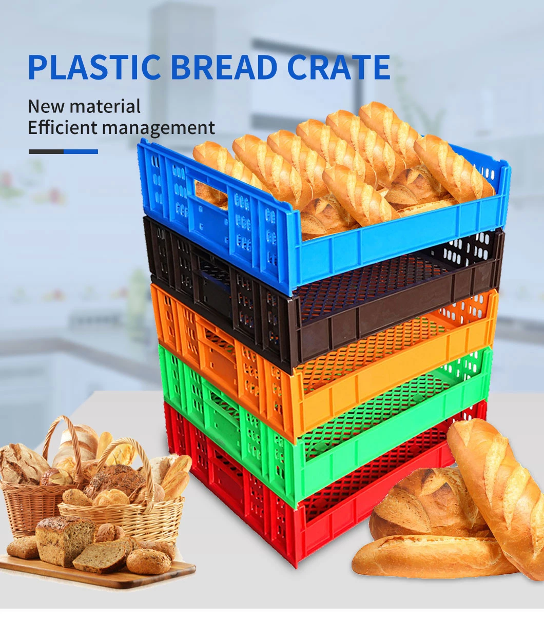 Lightweight Perforated Stackable Bread Crate Box to Transport Soft Baked Goods Basket