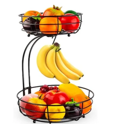 Cesta de mesa para frutas e vegetais de bancada com 2 camadas rack de armazenamento de metal preto