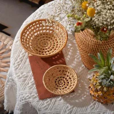 Cesta de Pão de Rattan Redondo Estilo Japonês Travessado à Mão Bandeja de Chá Cesta de Servir Comida Cesta para Jantares Café da Manhã Frutas