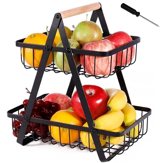 Tigela de frutas de 2 camadas, cesta de frutas para cozinha, alça portátil removível, design oco, drenagem rápida, porta-frutas multifuncional