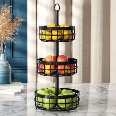 Cesta de armazenamento de legumes portátil de 3 camadas com fio de metal para decoração de frutas para cozinha e mesa