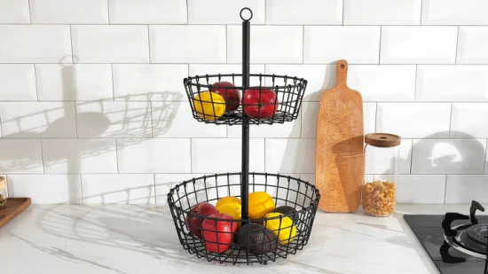 Recipiente para comida Suporte para rack de cozinha 2 níveis montado Cesta de frutas de metal